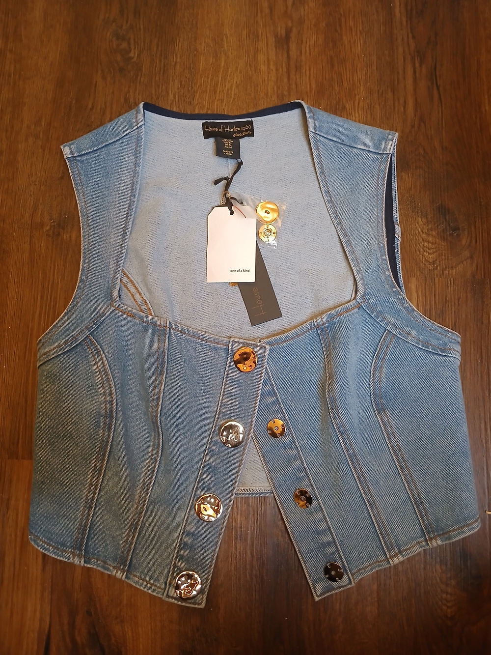House of Harlow 1960 Light Blue Denim Vest with Gold Buttons